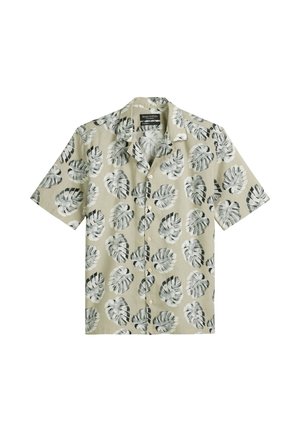 Short-sleeved beige shirt featuring a black and white leafy pattern, made of lightweight fabric with a pointed collar and button-down front.