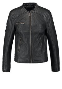 Černá kožená bunda s prošívanými rameny, předním zipem a třemi kapsami na zip, včetně jedné kapsy na hrudi.