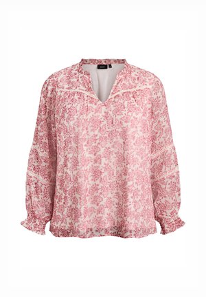 Blusa leggera floreale rosa con scollo a V, dettagli arricciati e polsini arricciati. Presenta un tessuto morbido e fluente e un motivo intricato.
