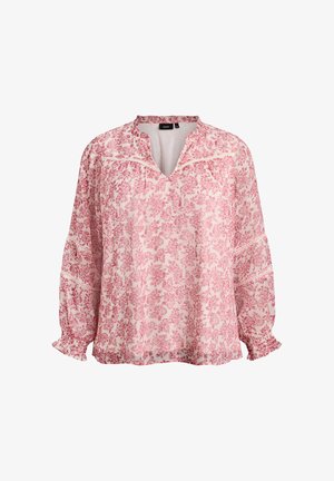Blouse légère rose à fleurs avec un col en V, des détails froncés et des poignets smockés. Caractérisée par un tissu doux et fluide et un motif complexe.