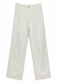 Lichtgrijze wijde broek gemaakt van een zachte stof, met een frontale knoopsluiting, twee plooien en zijzakken.