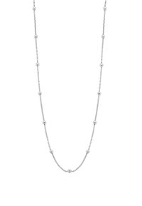 Collana in argento con catena che presenta perline rotonde a intervalli regolari. La catena ha una trama fine e delicata e una finitura liscia.