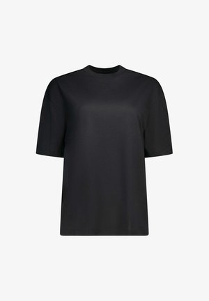 T-shirt noir à manches courtes avec col rond, coupe décontractée, design simple et tissu lisse.