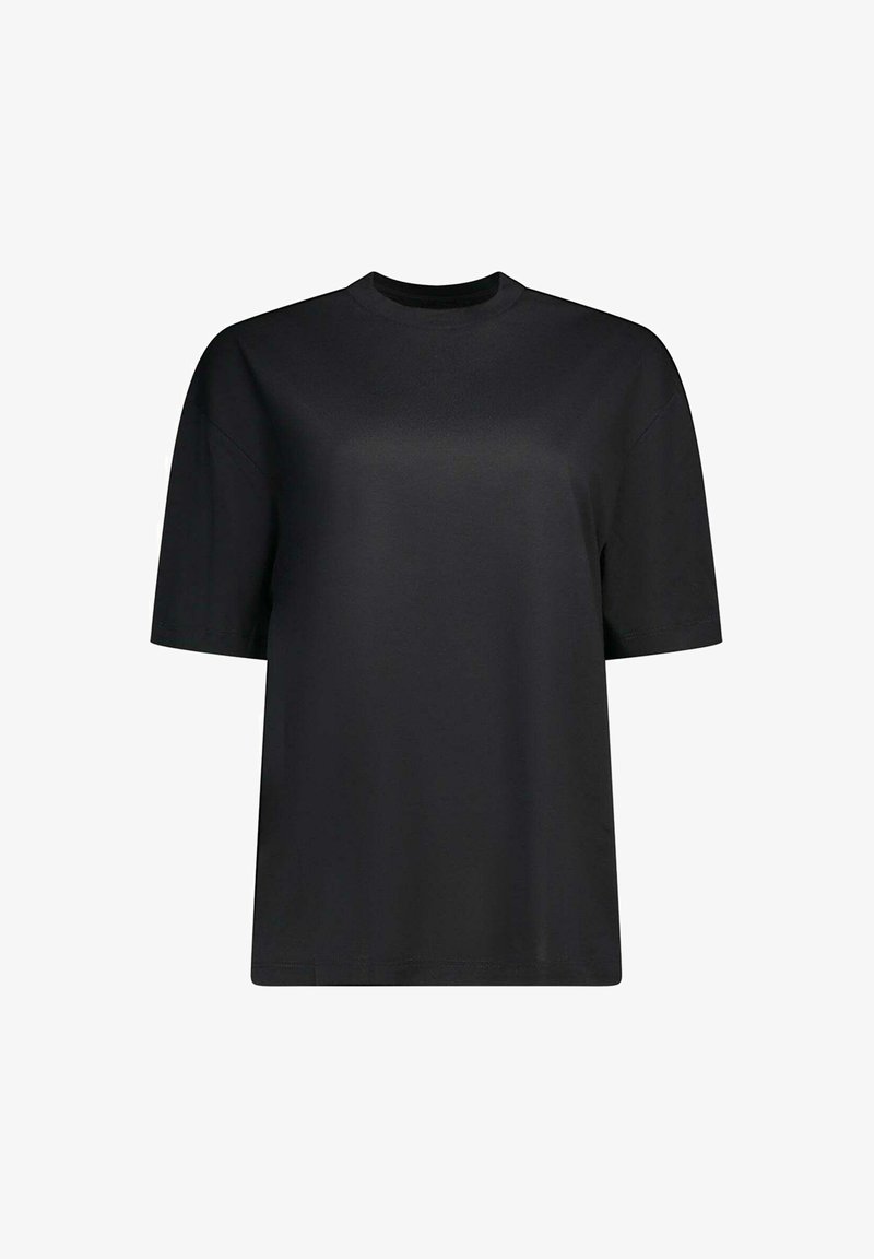 T-shirt noir à manches courtes avec col rond, coupe décontractée, design simple et tissu lisse.