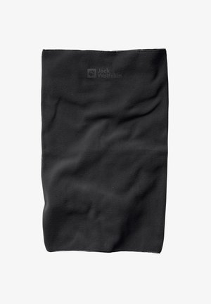 Zwarte fleece nekwarmer met een gladde textuur, voorzien van het Jack Wolfskin-logo in de bovenhoek. Flexibel en ademend ontwerp.