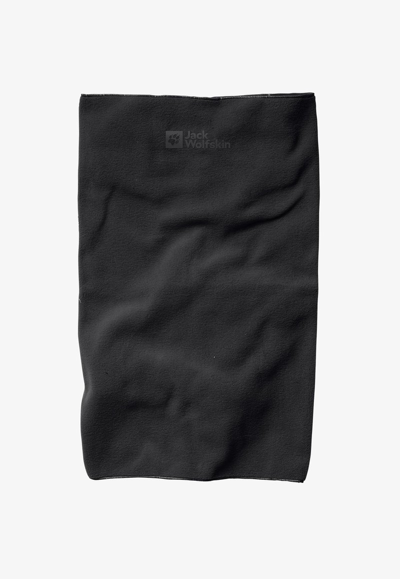 Cache-nez en polaire noir au toucher lisse, arborant le logo Jack Wolfskin dans le coin supérieur. Design flexible et respirant.