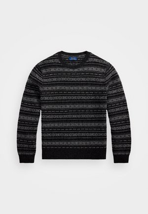 Zwart en grijs gebreide trui met lange mouwen, ronde halslijn en een fair isle ontwerp met geometrische motieven doorheen.