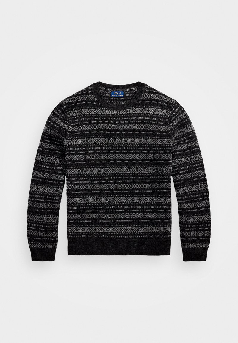 Musta ja harmaa kuviollinen villapaita, jossa on pitkät hihat, pyöreä pääntie ja Fair Isle -tyylinen muotoilu, jossa on geometrisia kuvioita kauttaaltaan.