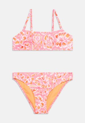 Jenters to-delte bikini med rosa, oransje og hvitt blomstermønster og justerbare skulderstropper.