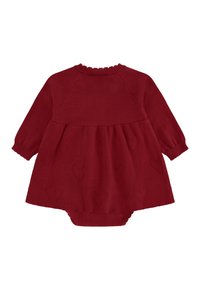 Abito rosso lavorato a maglia con maniche lunghe, caratterizzato da un corpetto a costine e una gonna svasata. Sottile motivo a cuori integrato nella trama del tessuto.