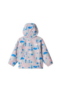 Lättviktsregnjacka i rosa med blå djur- och blommönster, huva, elastiska mudd och rundad nederkant. Lämplig för utomhusbruk.