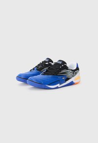 Blue and black athletic shoes with synthetic upper, black laces, white and orange accents, and textured sole for traction.