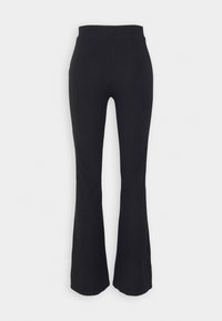 Zwarte broek met een aangesloten taille, flared pijpontwerp en ribbelstructuur. Soepel materiaal zonder zakken of versieringen.