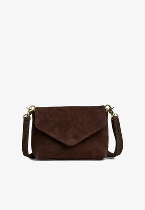 Brown suede crossbody bag with a flap closure. Features a gold-tone hardware clasp and a detachable strap. Textured surface with smooth edges.