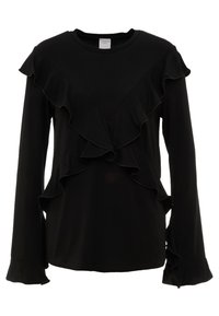 Svart långärmad topp med dubbla volanger framtill, med rund hals och utsvängda ärmslut. Tillverkad av mjukt tyg.