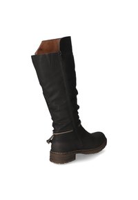 Bottes en cuir noir montantes avec un design froissé, fermeture éclair sur le côté et une semelle texturée marron. Présente un lien décoratif à l'arrière.