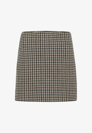 Gekblokte minirok in zwart, bruin en crème. Gestructureerde vorm met een hoge taille. Zachte textuur van de stof met een consistent ruitpatroon.