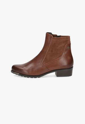 Braune Leder-Ankle-Boots mit glatter Oberfläche, Suede-Seitenpaneelen und niedrigem Blockabsatz. Verfügt über einen Reißverschluss und ein dezentes Logo-Detail.