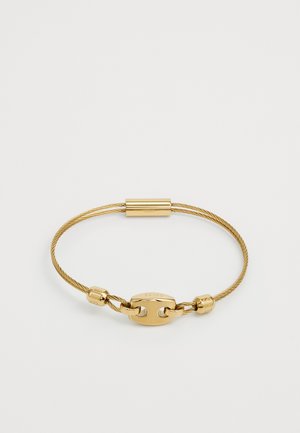 Gold-tone bracelet featuring a twisted cable design, with a secure clasp and rounded accents. Smooth texture enhances its elegant appearance.