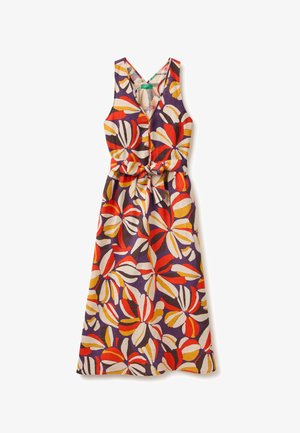 Ärmelloses Kleid mit V-Ausschnitt, Taillenband und kräftigem Blumenmuster in Rot, Orange, Gelb, Weiß und Lila auf leichtem Stoff.