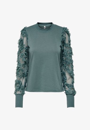 Tükeldatud teal värvi dressipluus, millel on ümar kaelus ja pikad varrukad, koos võrkkangast detailidega, mis on kaunistatud teal värvi lilleaplikatsioonidega. Ribide äärtega varrukaotsad.