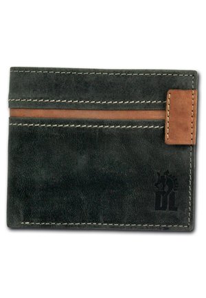 Schwarzer Lederkartenhalter mit braunen Lederelementen, weißen Nähten und geprägt Logo. Verfügt über mehrere Kartenfächer und ein kompaktes Design.