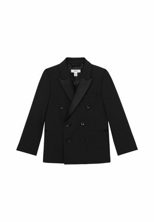 Schwarzer doppeltgeknöpfter Blazer mit sechs Knöpfen, Spitzenrevers, zwei Fronttaschen und einer Brustleistentasche, flach auf weißem Hintergrund liegend.