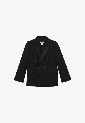 Blazer negro cruzado con seis botones, solapas pico, dos bolsillos delanteros y un bolsillo de ojal en el pecho, colocado plano sobre un fondo blanco.