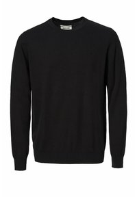 Pull noir à manches longues avec col rond, poignets et ourlet côtelés, tissu en maille légère, et petit logo discret sur le côté gauche de la poitrine.