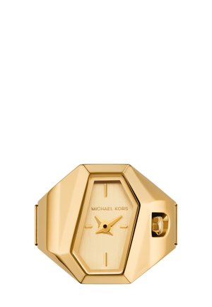 Montre-bracelet Michael Kors ton or avec un cadran hexagonal géométrique et des lignes de repère minimales sur un bracelet en or assorti.