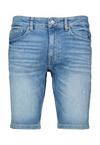 Denimshorts i ljusblått, med en klassisk femfickdesign, knappstängning och en lätt blekning med slitna mönster.