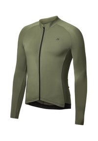 Maillot de ciclismo de manga larga en verde oliva, con cremallera en la parte delantera, diseño elegante y acentos en negro, hecho de una tela suave y ligera.