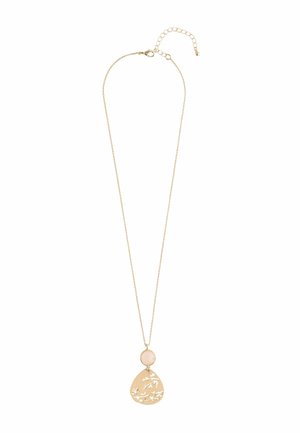 Gold-toned necklace with a teardrop pendant featuring floral cutout design and a round, light pink stone above. Adjustable chain length.