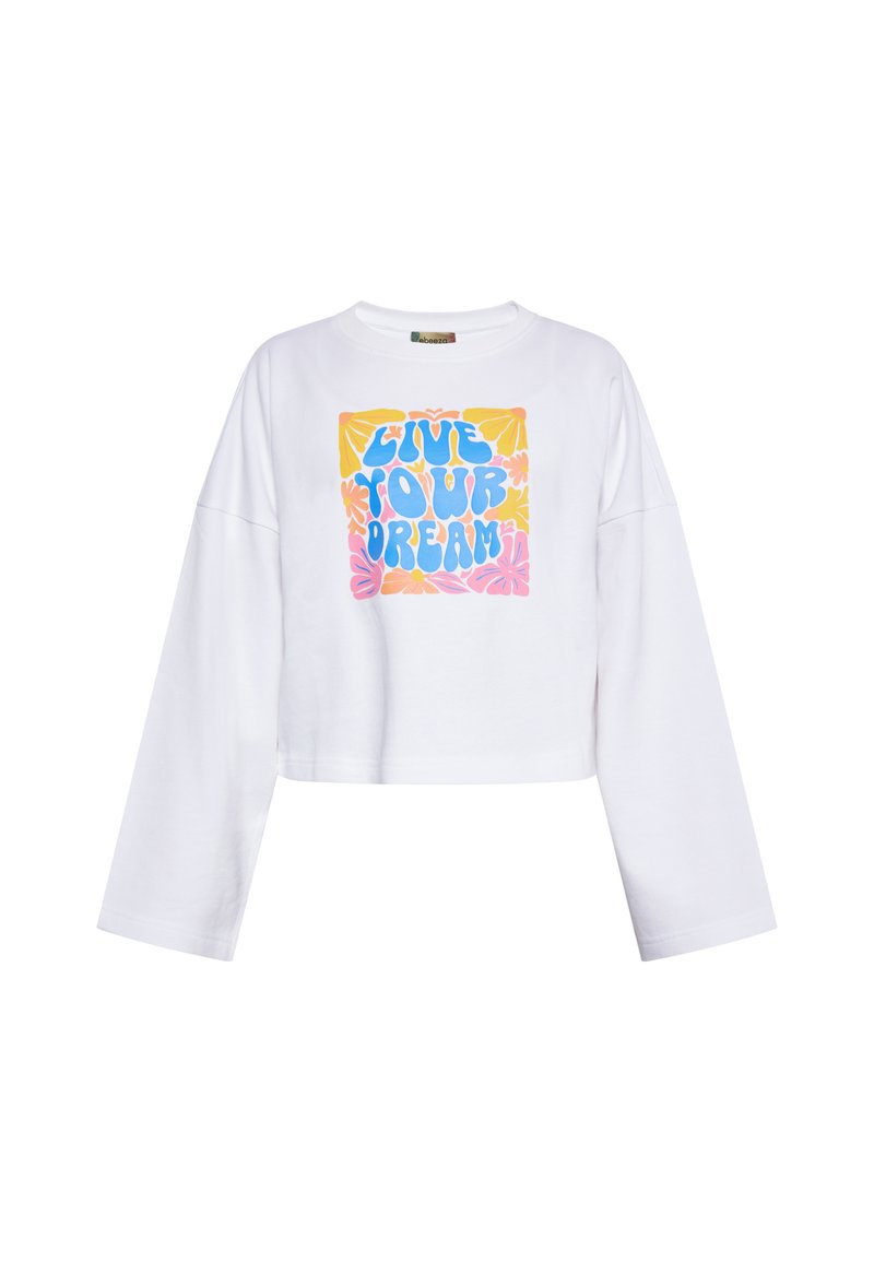 Witte cropped sweatshirt met lange mouwen en een grafisch ontwerp met de tekst "LEEF JE DROOM" in blauw en roze op een gele achtergrond met bloemaankleding.