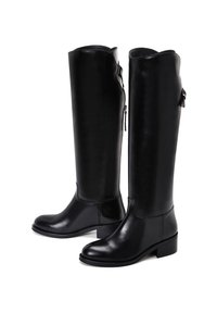 Black leather knee-high boots with a smooth texture, rounded toe, low block heel, and side zipper detail.