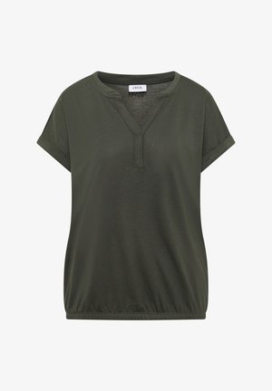 Olivgrünes Kurzarmtop mit V-Ausschnitt, aufgerollten Ärmelbündchen, elastischem Saum und einem CECIL-Markenlabel im Kragen.