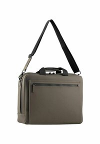 Grau lederne Aktentasche mit zwei Griffen und einem abnehmbaren Gurt. Verfügt über eine Vorderseite mit Reißverschluss und ein elegantes Design mit dezentem Branding.