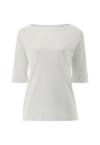 Weißes Oberteil mit drei Viertelärmeln und Bootsausschnitt. Aus glattem Stoff gefertigt, mit umgeschlagenen Bündchen und geradem Schnitt.