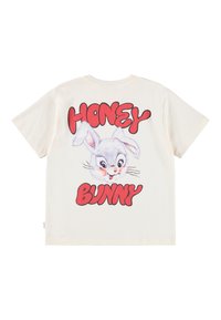 Cremfarbener Baumwoll-T-Shirt mit einem Cartoon-Hasen-Design und dem Text "HONEY BUNNY" in fetten roten Buchstaben auf der Rückseite.
