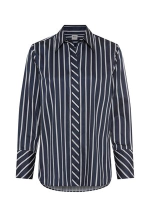 Marineblauw overhemd met knopen, witte verticale strepen, lange mouwen, puntige kraag en afgeronde zoom. Gladde stof met gestructureerd ontwerp.