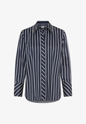 Marineblaue Hemdbluse mit weißen vertikalen Streifen, langen Ärmeln, spitzem Kragen und abgerundetem Saum. Glatter Stoff mit strukturiertem Design.