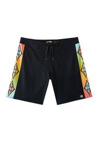Pantaloni corti neri con pannelli laterali a motivi multicolori in arancione, giallo e blu chiaro. Include una vita con lacci.