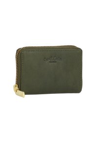 Small green leather zippered wallet with gold zipper and embossed logo on front.
