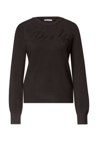 Pull marron foncé à manches longues avec poignets et ourlet côtelés, comportant le mot "Paris" brodé sur la poitrine avec un fil foncé assorti.