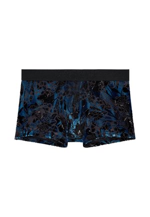 Musta-sinisillä kukkakuviolla varustetut bokserishortsit, joissa musta joustava vyötärönauha. Valmistettu pehmeästä, teksturoidusta kankaasta ja istuvalla mallilla.