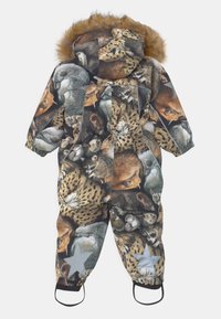 Ocieplana kombinezon w wzór zwierzęcy z kapturem wykończonym futrem. Posiada różnorodne wizerunki zwierząt, szare gwiazdy jako akcenty oraz elastyczne mankiety dla zapewnienia ciepła.