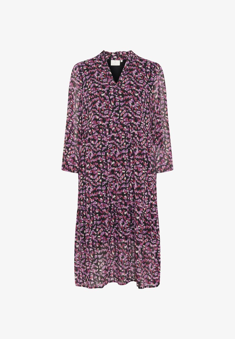 Floral print dress featuring a V-neck, three-quarter sleeves, and a flowy silhouette. Colors include pink, purple, and black with textured fabric.