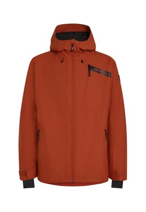 Orangen wasserfeste Jacke mit einem durchgehenden Reißverschluss, verstellbare Kapuze und schwarzen Akzenten. Verfügt über zwei Reißverschlusstaschen und elastische Bündchen.