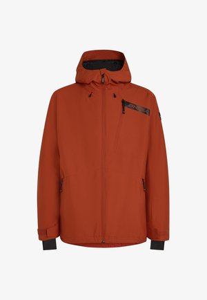 Oranžová nepremokavá bunda s plným zipsom, nastaviteľnou kapucňou a čiernymi detailmi. Obsahuje dve vrecká na zips a elastické manžety.