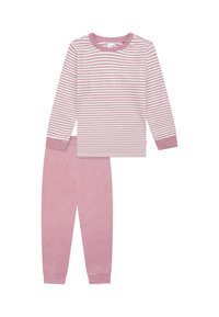 Langärmeliges Pyjama-Oberteil in Pink-Weiß gestreift mit Rundhalsausschnitt, kombiniert mit einfarbigen pinken Fleece-Pyjama-Hosen. Weicher Stoff, Slim-Fit.